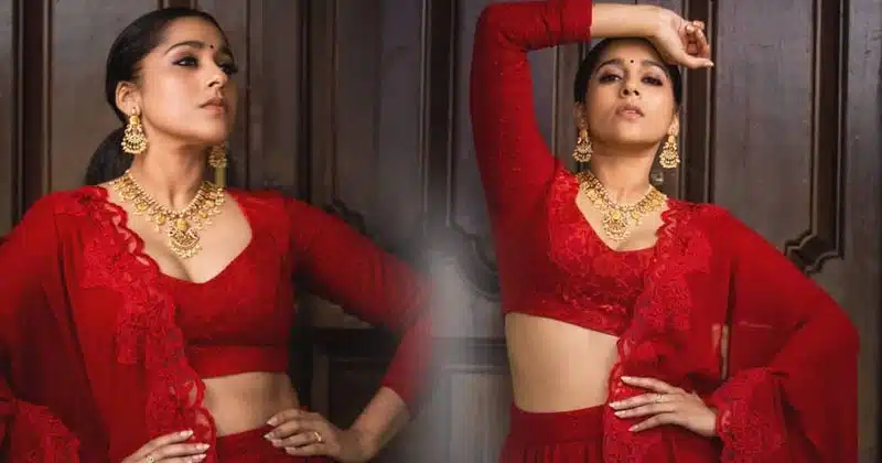 achor Rashmi Gautam red dress stunning pics viral