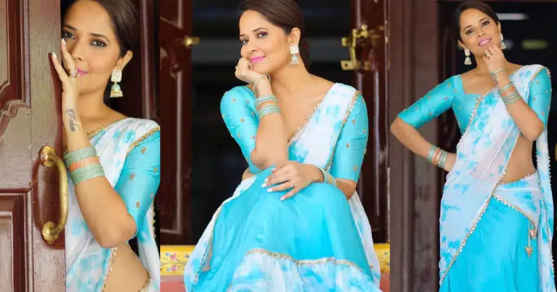Anasuya Bharadwaj looks gorgeous in blue floral saree