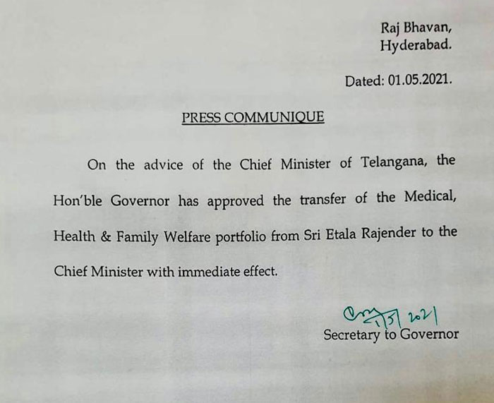 health ministry transferred from etela rajender to cm kcr