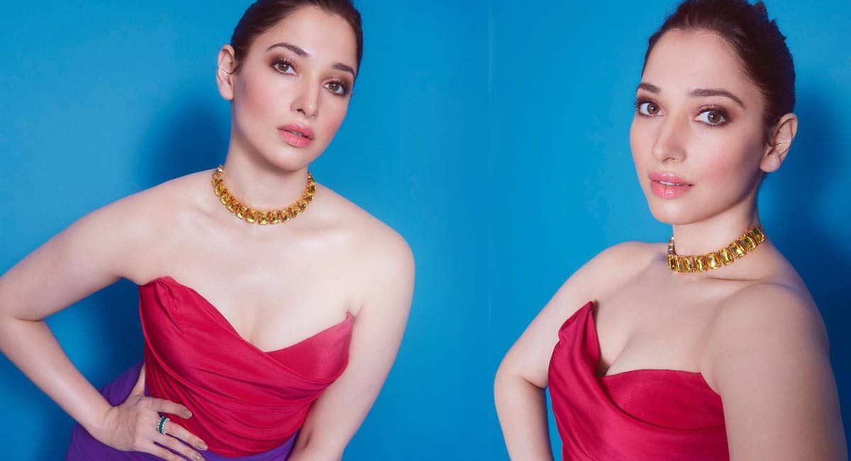 Tamannaah : ఎర్ర డ్రెస్సులో అలా వంగి.. ఎద అందాలు ఆరబోసి కైపెక్కిస్తోన్న తమన్నా..