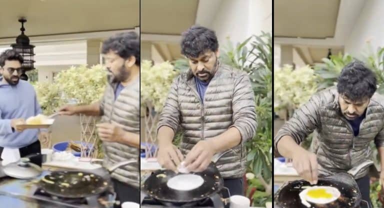 Chiranjeevi : కొడుకు కోసం ప్రేమ‌గా ఎగ్ దోసె చేసిన చిరంజీవి.. రుచి చూసి ఫుల్ ఖుష్ అయిన చ‌ర‌ణ్‌… వీడియో