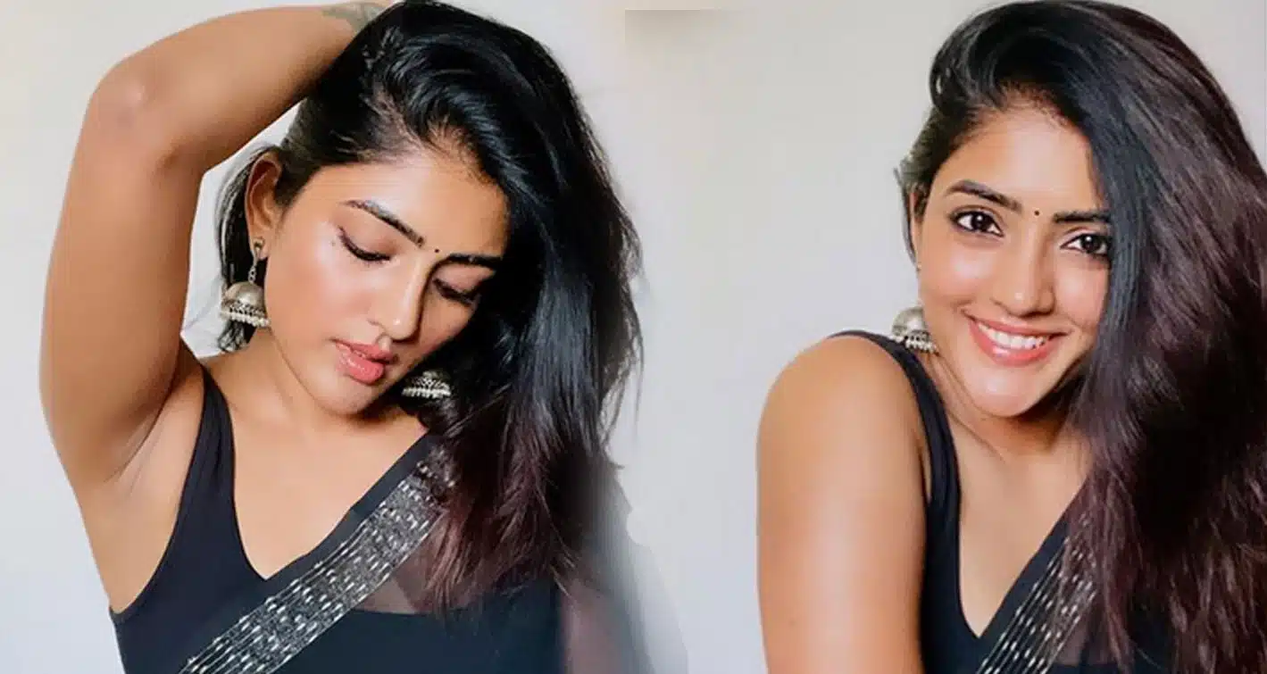 isha rebba in a black sari look like angel