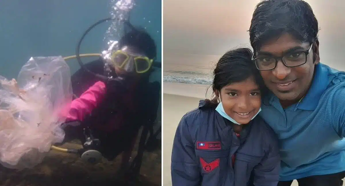 child hero thaaragai arathana removes plastic waste from ocean scuba diving
