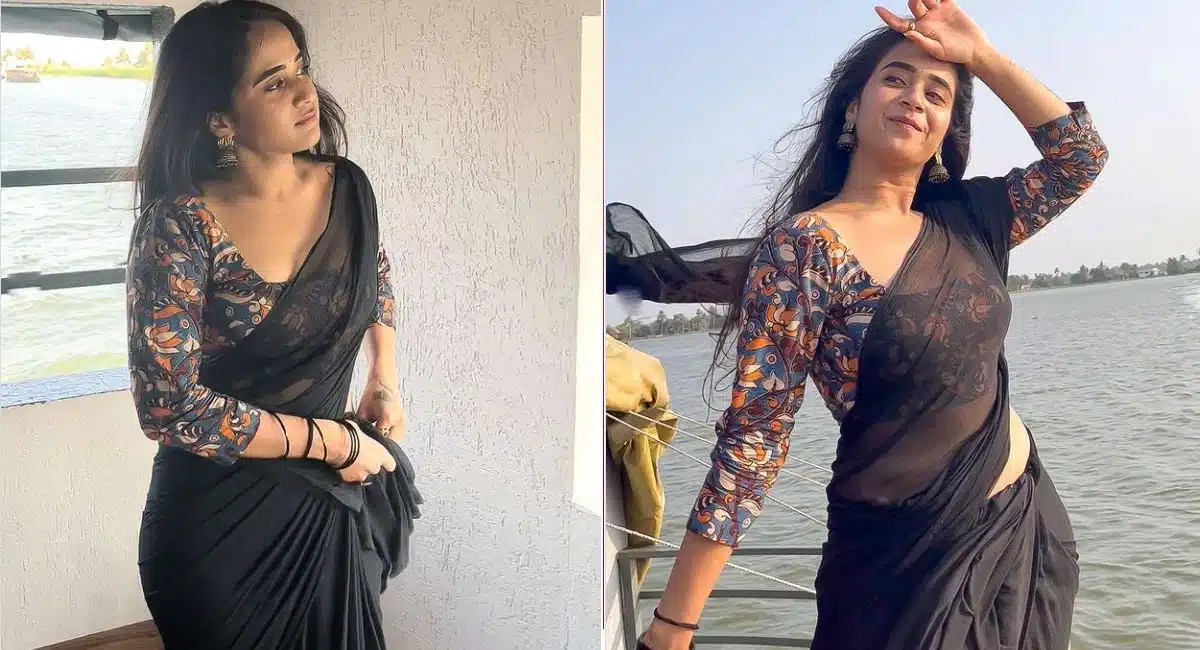 deepthi sunaina black saree looks viral