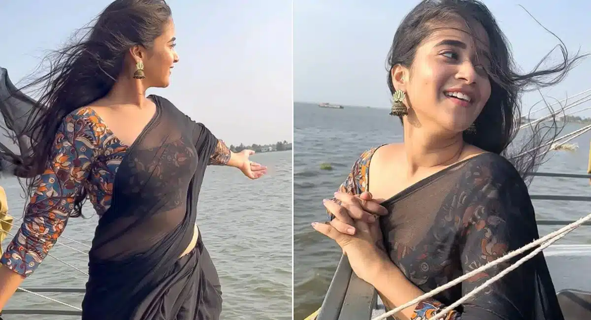 deepthi sunaina black saree looks viral