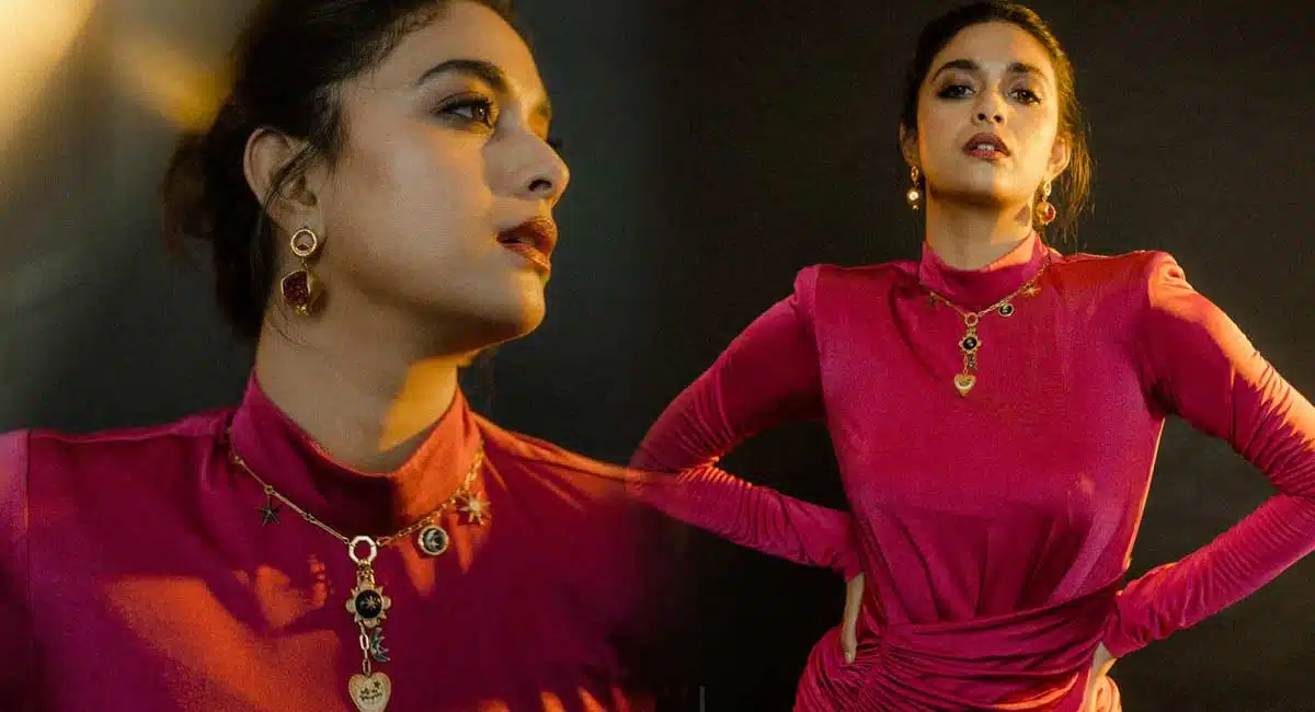 keerthy suresh looks different in pink colour dress
