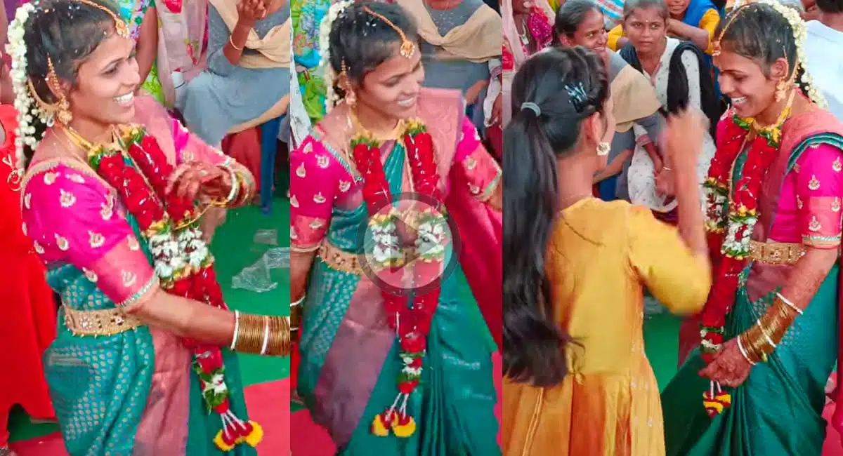bride cute expression dance with two girls