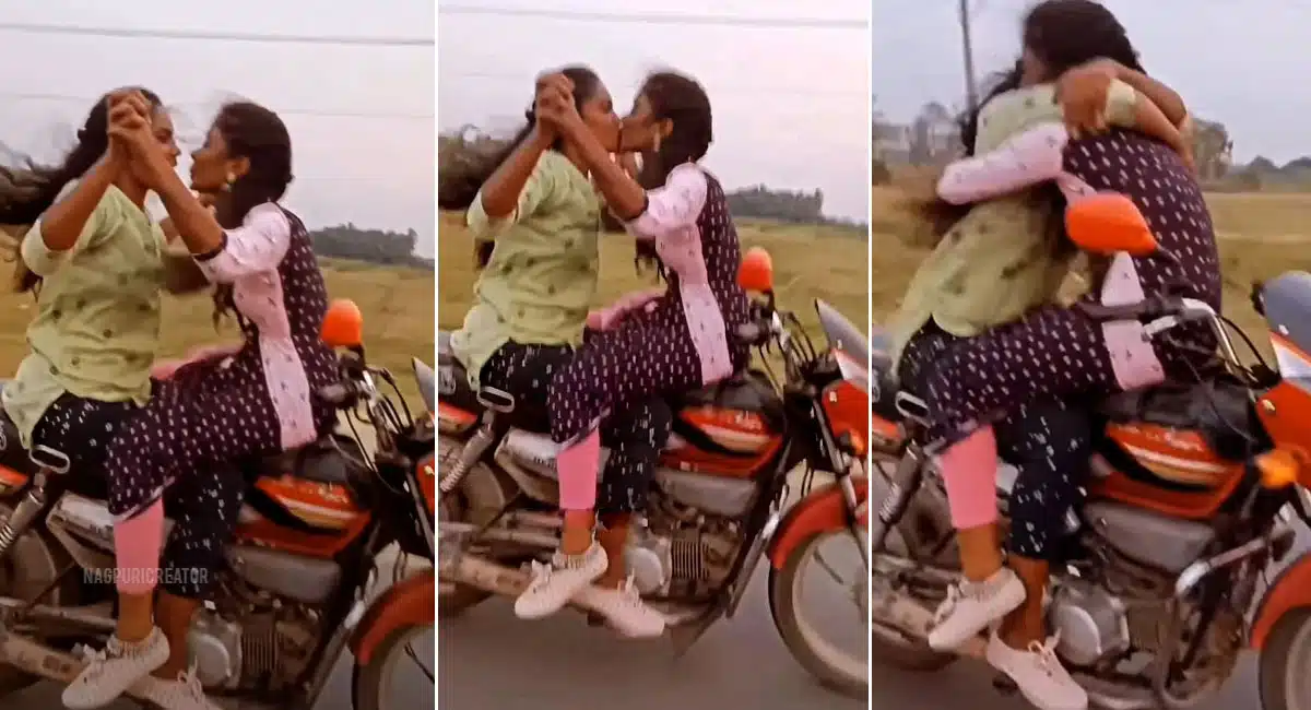 Viral Video Two girls excited by ks on a running bike on the road