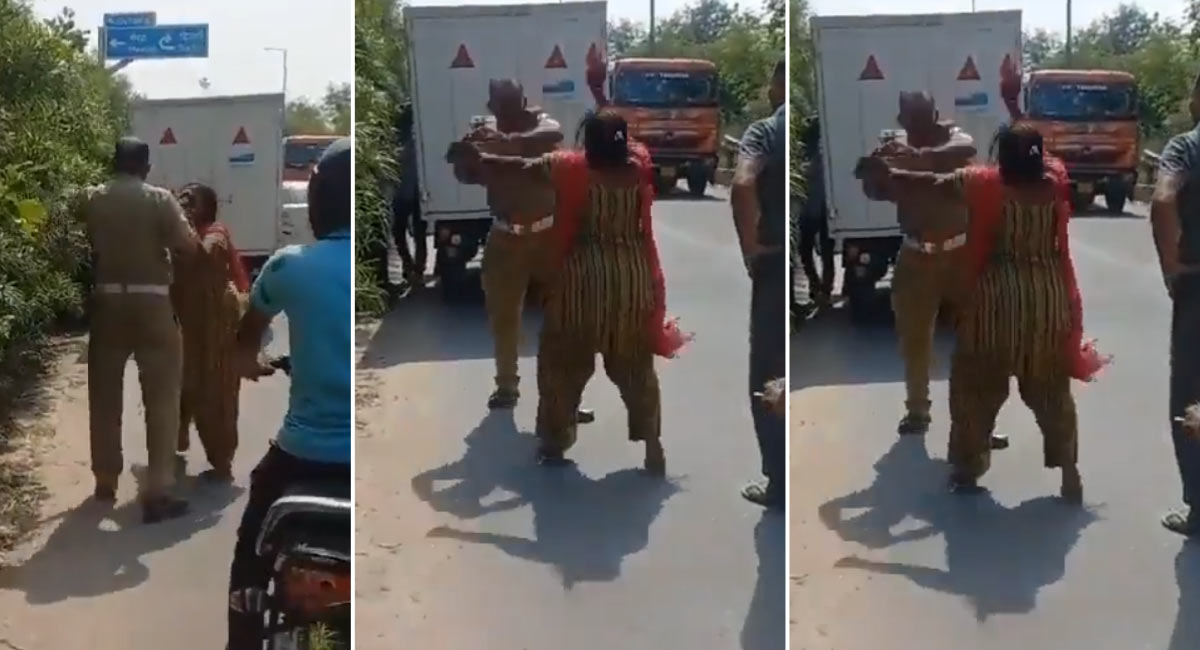 Viral Video : ట్రాఫిక్ పోలీసును చెప్పుతో కొట్టిన మహిళ .. వైరల్ వీడియో