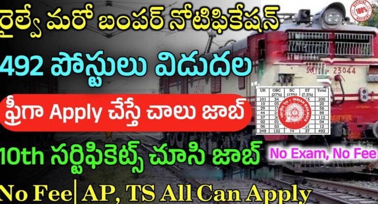 Railway Recruitment Jobs : 492 పోస్టుల భర్తీకి రైల్వే రిక్రూట్మెంట్ నోటిఫికేషన్ విడుదల…పరీక్ష లేకుండానే జాబ్…!