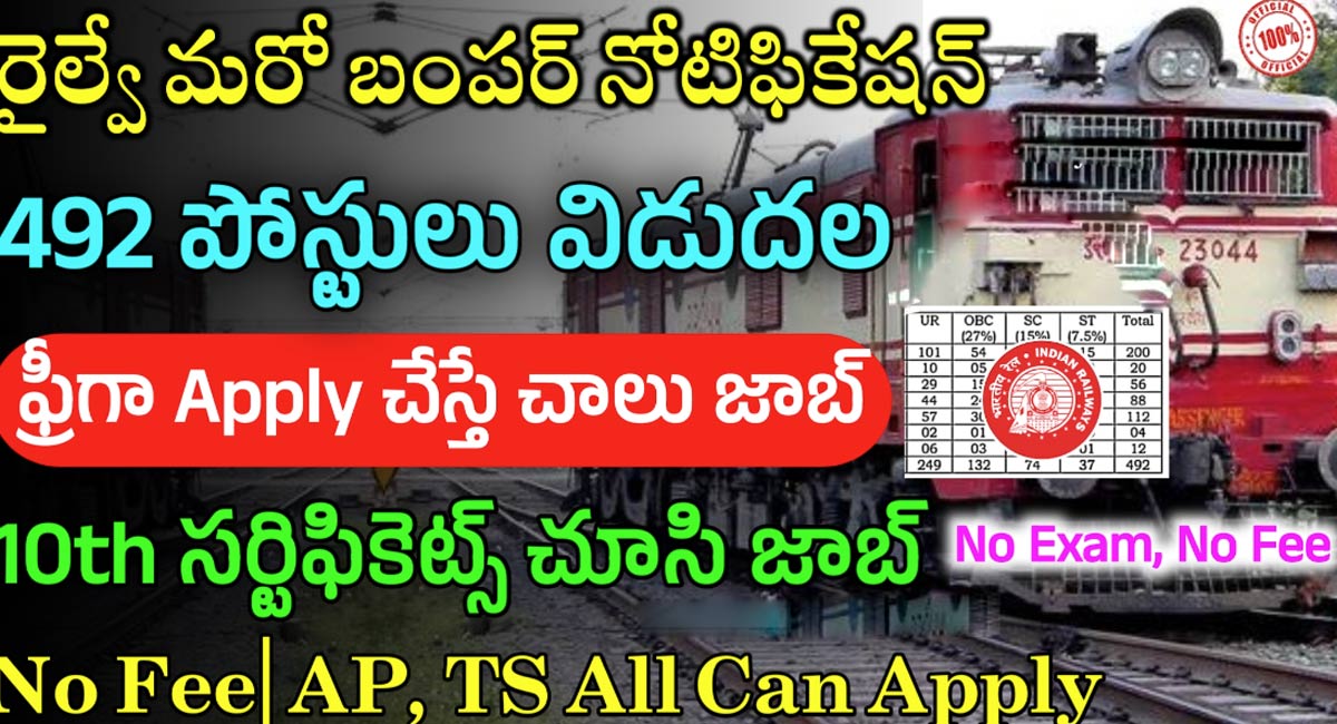 Railway Recruitment Jobs : 492 పోస్టుల భర్తీకి రైల్వే రిక్రూట్మెంట్ నోటిఫికేషన్ విడుదల…పరీక్ష లేకుండానే జాబ్…!