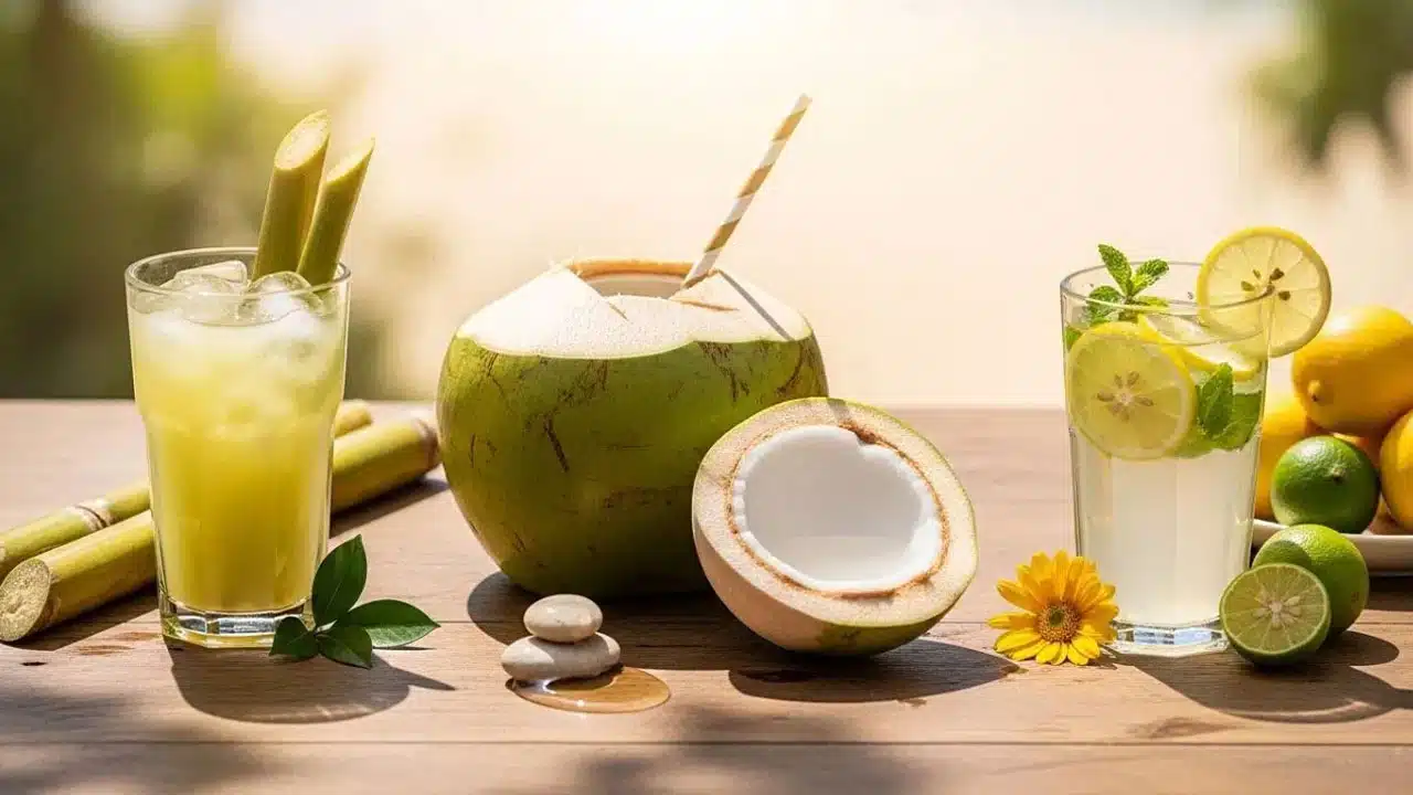 Health benefits of drinking sugarcane juice, lemon juice, and coconut water